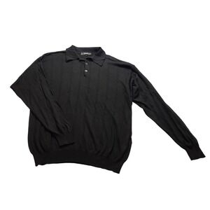Fiii Men's Large Black Cotton Modal Knit Long Sleeve Polo Sweater Made in Italy
